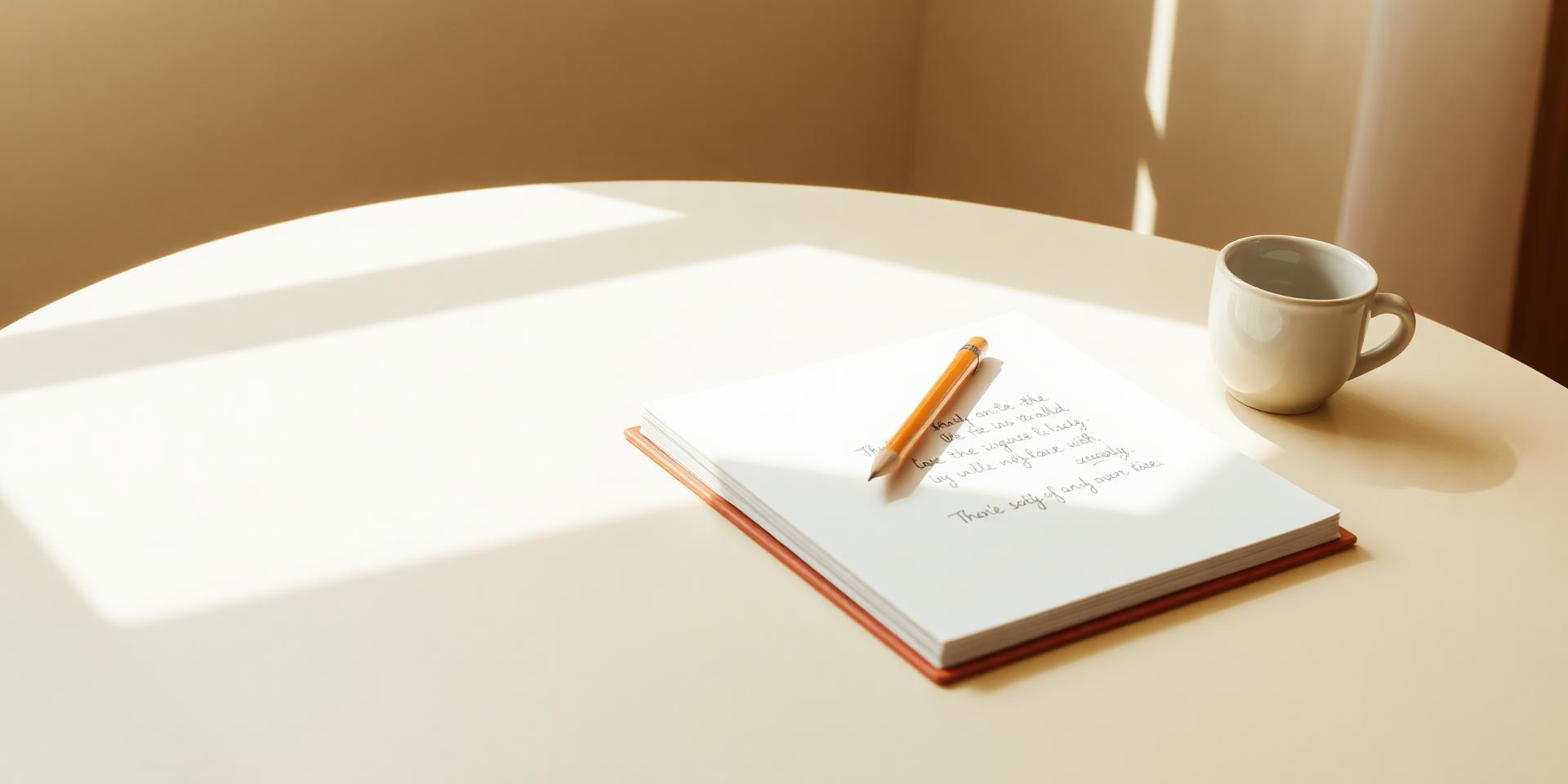 Ruhiger Arbeitsplatz mit Notizbuch, Bleistift und Tasse in weichem Tageslicht